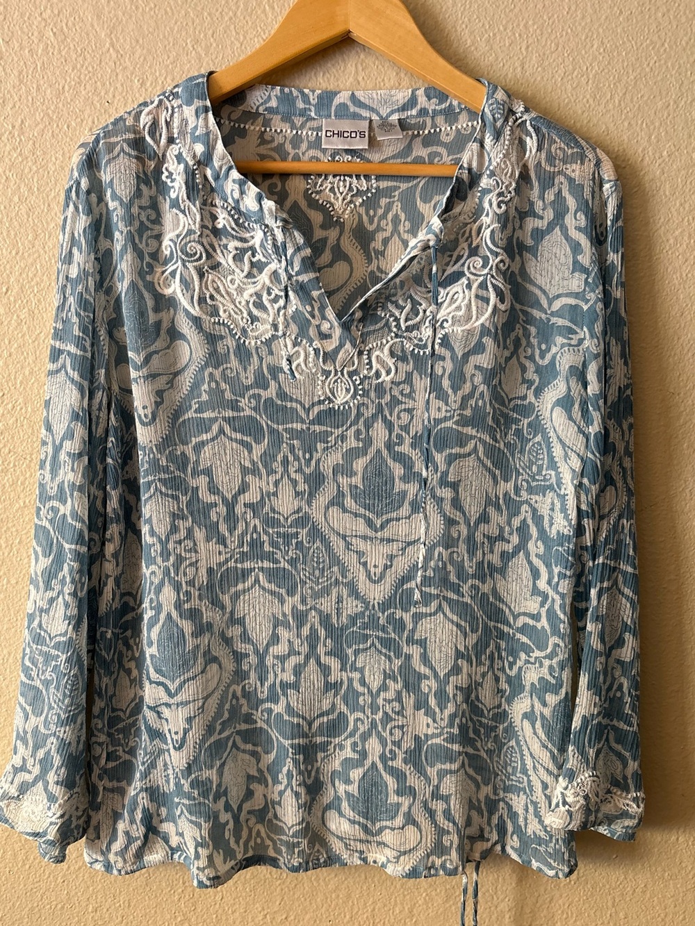 Chico's 100% Silk Tunic Size 1 Blue White Embroidered Boho Blouse